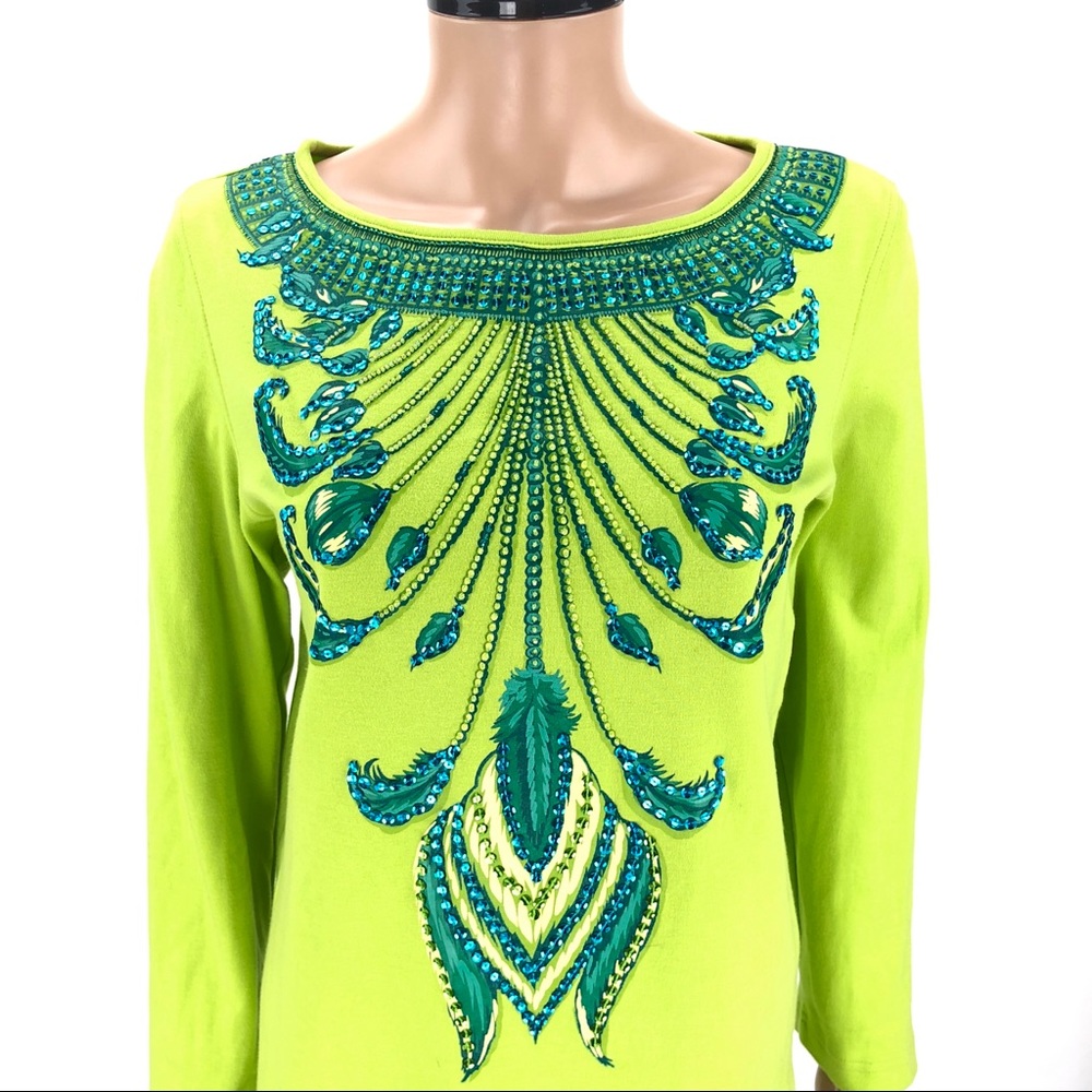 DIANE'S ESSENTIALS Top Embellished SIZE SMALL Lime Green Beaded Sequins Shirt